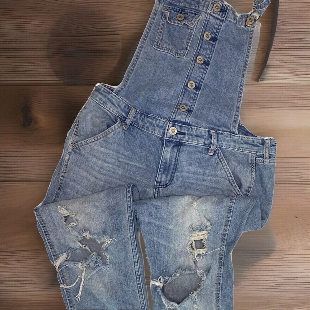 Hollister‎ Denim Overalls Distressed Boyfriend Jean Low Rise Stretch Women Sz S